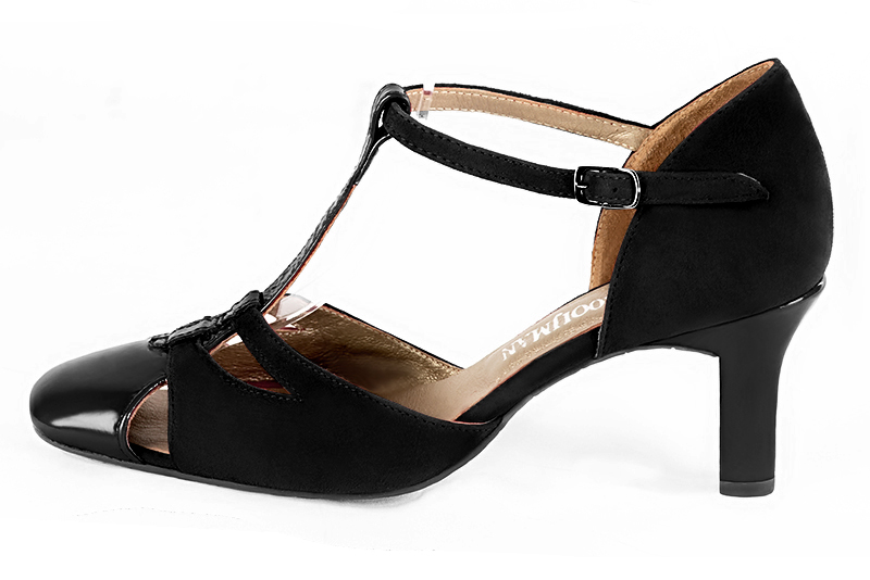 Gloss black women's T-strap open side shoes. Round toe. High kitten heels. Profile view - Florence KOOIJMAN